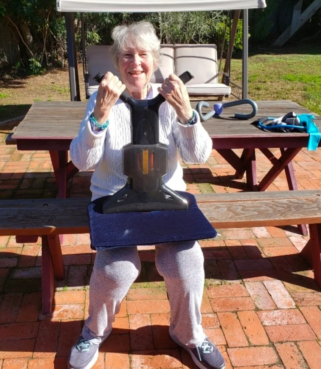 Betty enjoying her strength workout with a senior fitness specialist from Concierge Personal Training Betty enjoying her strength workout with a senior fitness specialist from Concierge Personal Training