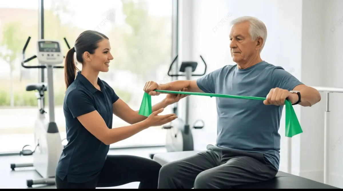 A trainer working with a senior client on strength training to keep them independent.