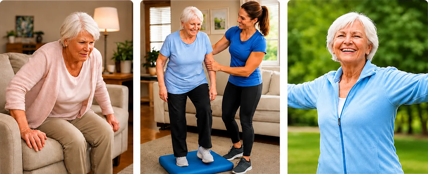 Female senior parent having issues getting up, working on balance with a trainer, rejoicing.