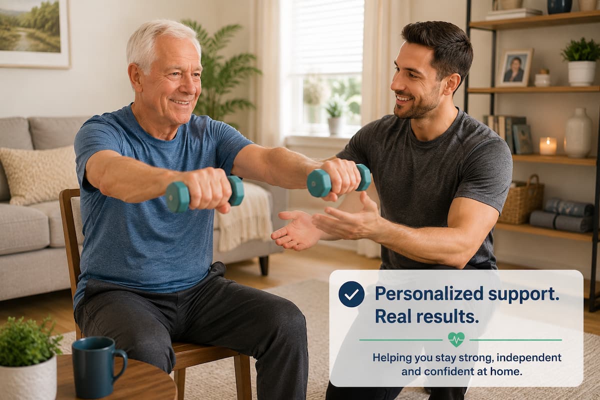 Senior man exercising with personal trainer at home in San Diego